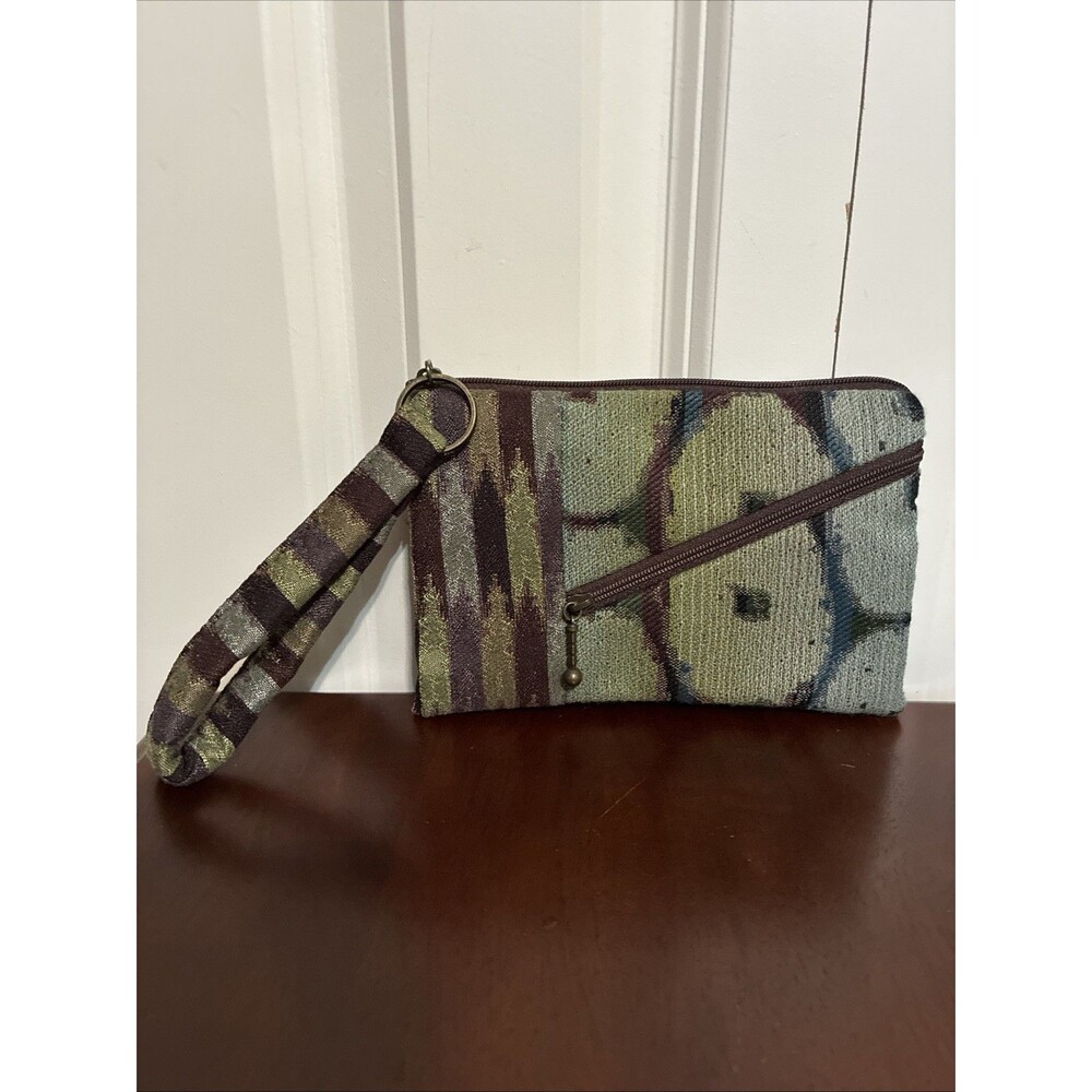 MARUCA Wristlet Brown Green Geometric Jacquard Fabric, Handmade In CO New